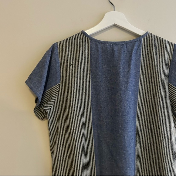 Apiece Apart Navy Blue White Stripe Top Boho Fringe Silk Contrast Short Sleeve - Picture 8 of 8